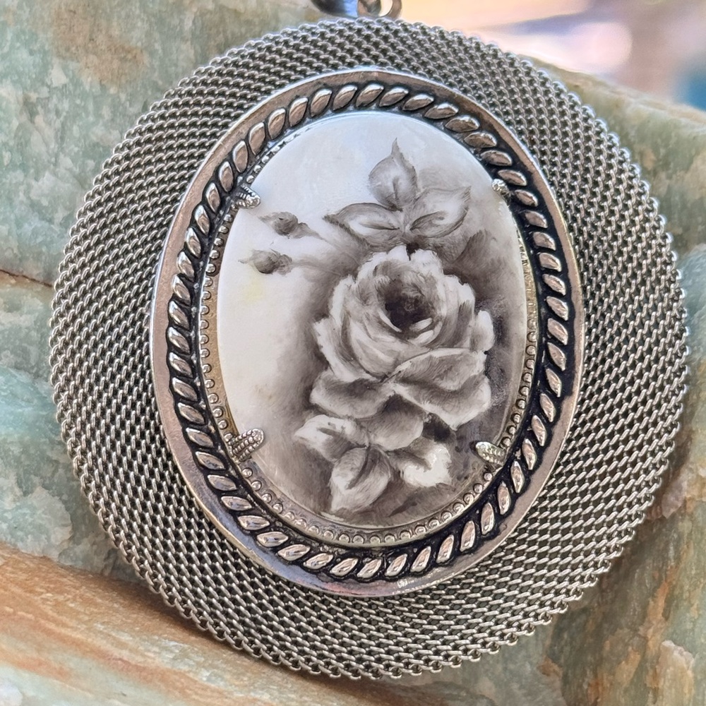 Vintage Victorian Revival Mesh Pendant with Hand-Painted Rose Cameo